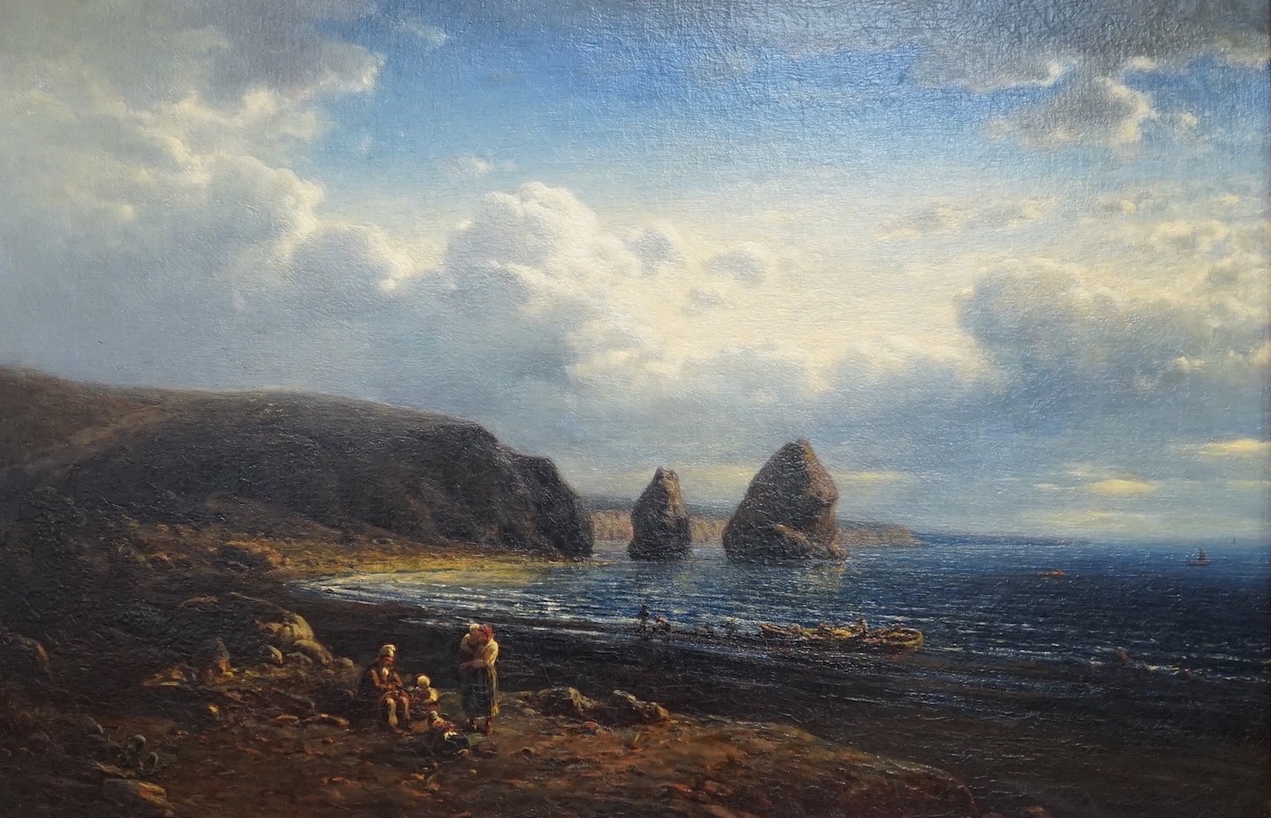 F.W... smith, oil on canvas, Fisherfolk along the shore, signed and dated '83, 40 x 60cm